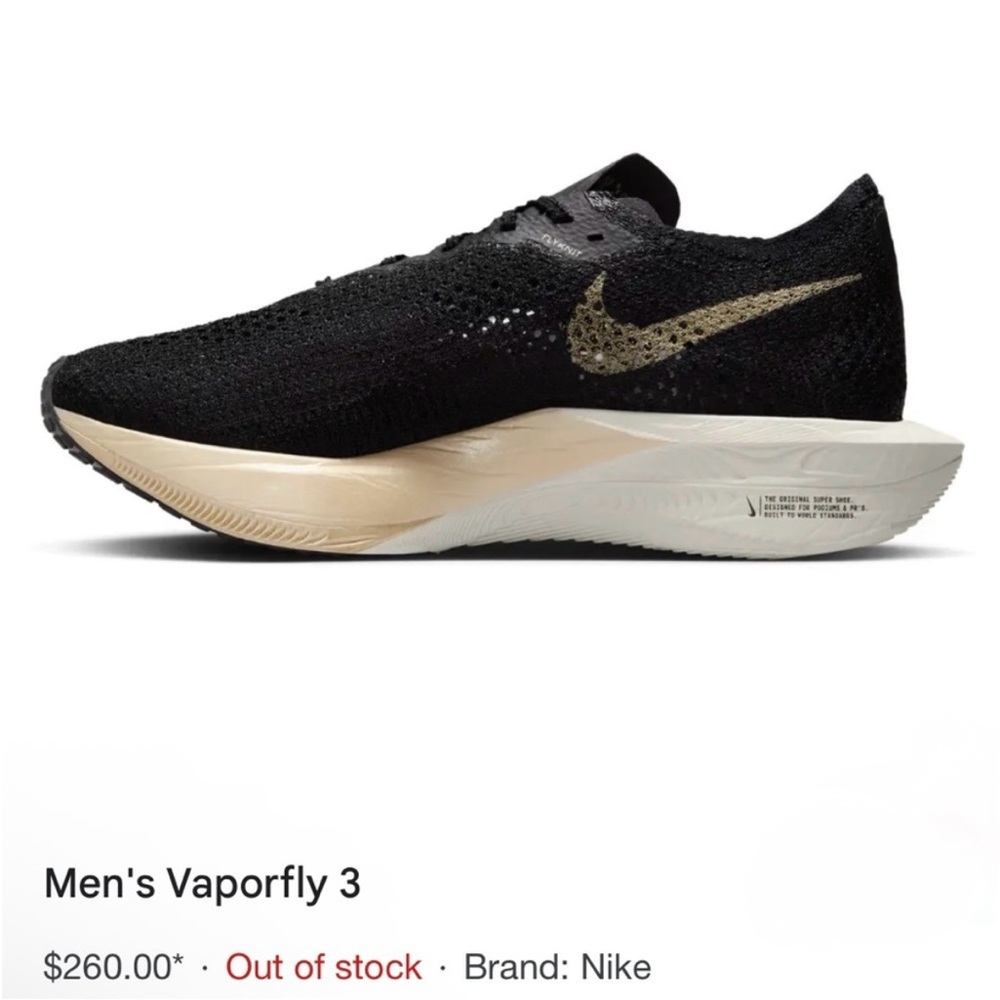 Nike
ZoomX Vaporfly 3 "Black Metallic Gold Grain" men size 6 women 7.5 like new